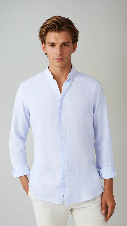 Lilla | Light blue linen shirt with a stand-up collar