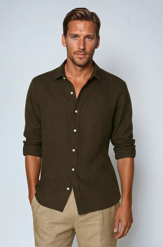 Ilona | Comfortable dark brown linen shirt